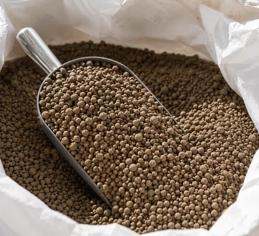 Egyptian granular phosphate supplier with metal scoop in white export sack