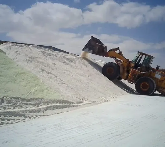 Loader handling industrial salt stockpile in Egypt