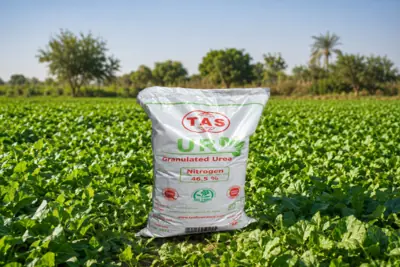 TAS granular urea fertilizer bag positioned in a green crop field