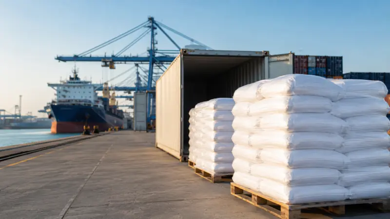 Palletized white fertilizer bags prepared for container loading at a seaport