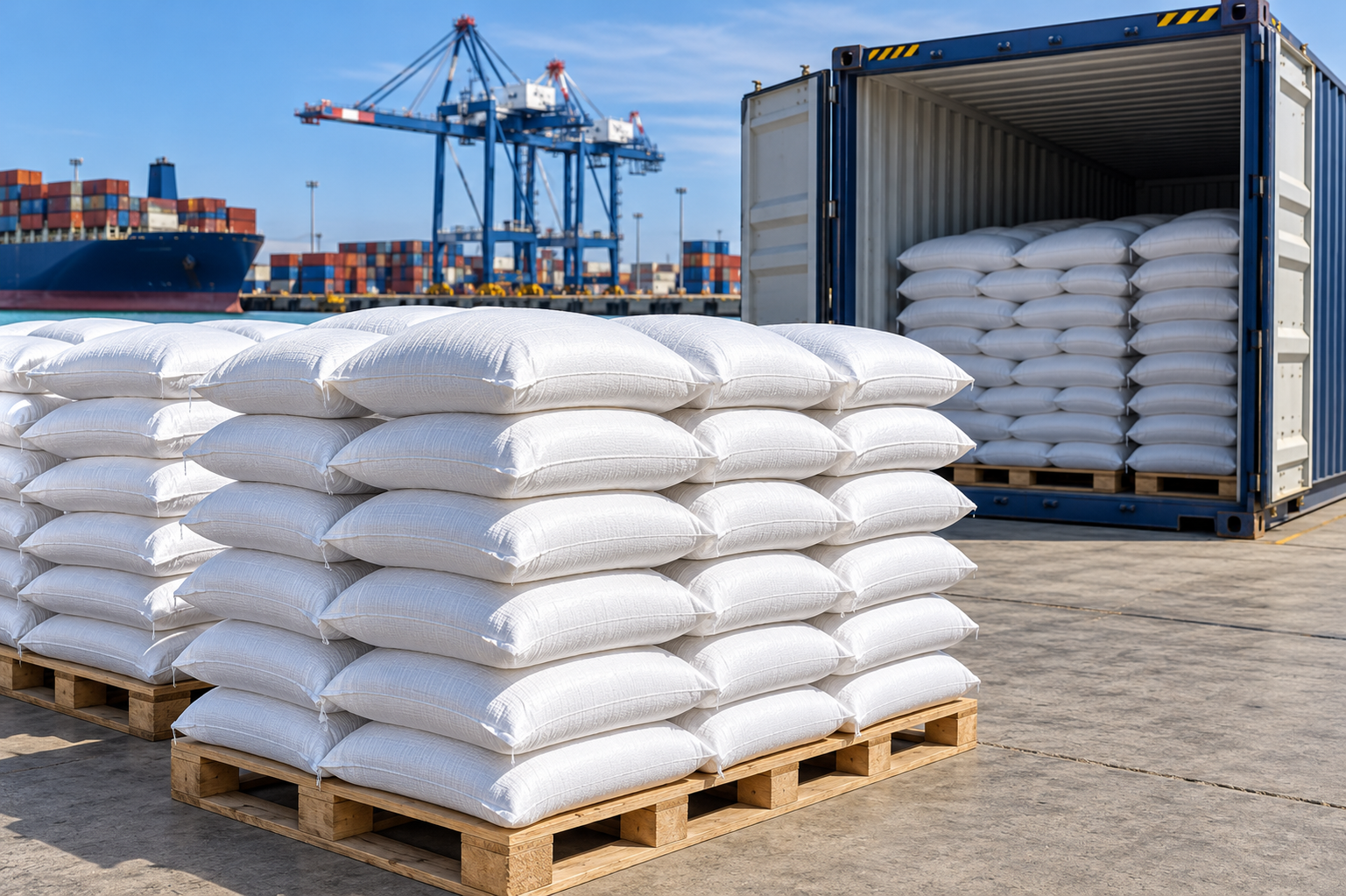 Illustration of bagged fertilizer and container export logistics