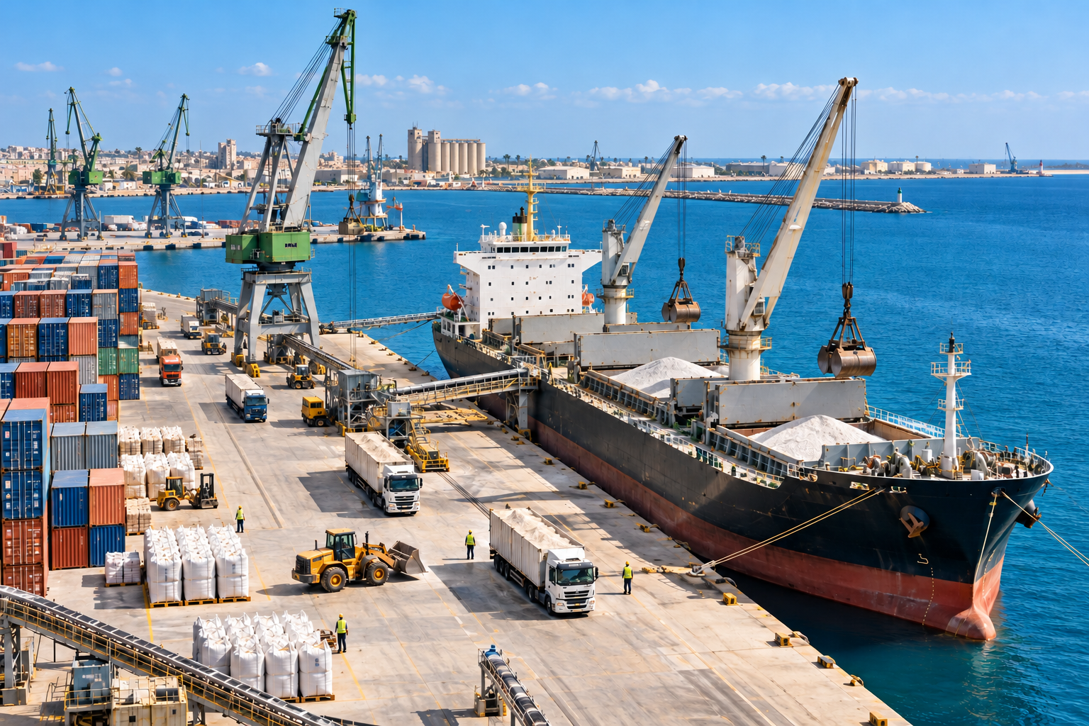 Illustrative coastal port scene with bulk shipping and container logistics
